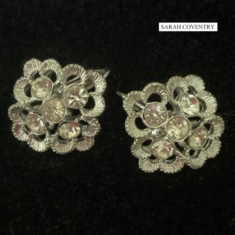 VTG 1969 Sarah Coventry Demi-Flower Silver Tone Rhinestone Clip On Earrings MCM